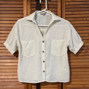 Cream Short-Sleeve Button-Down Linen Shirt